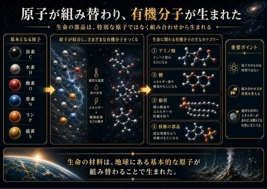 炭素、水素、酸素、窒素などの原子が組み替わり、有機分子ができる流れ