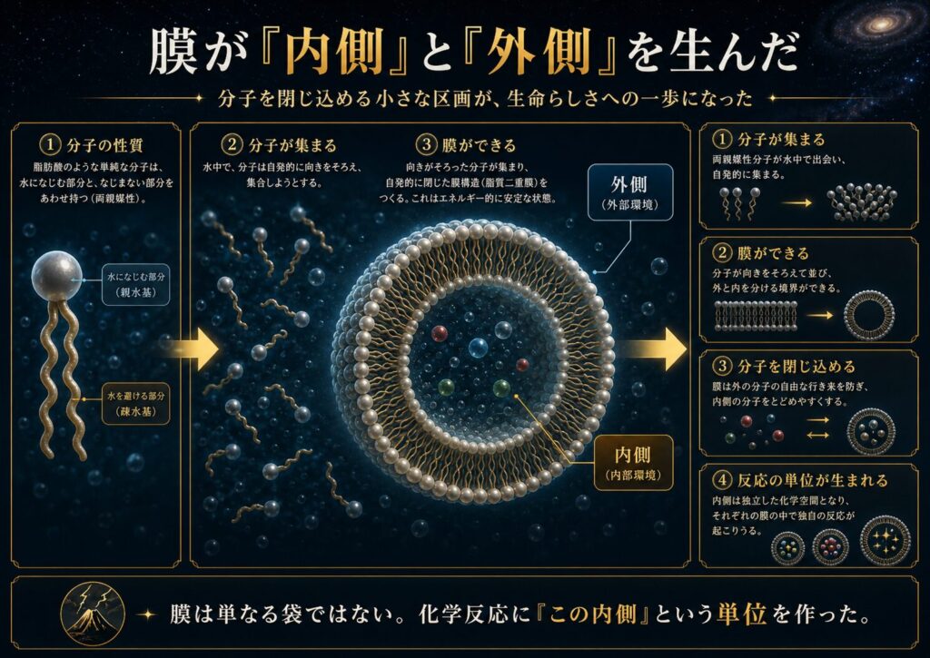 脂肪酸のような分子が水中で膜を作り、内側と外側を分ける様子
