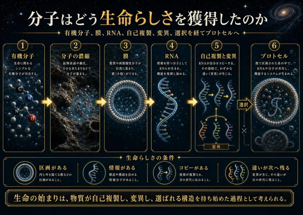 有機分子、膜、RNA、自己複製、変異、選択を経てプロトセルへ進む流れ