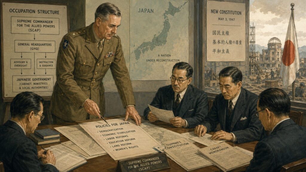 マッカーサー率いる占領軍と日本政府関係者が会議を行い、GHQと日本政府の構造や新憲法制定を象徴的に描いたイラスト