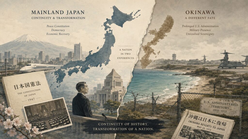 本土日本と沖縄を対比し、日本国憲法と復興する本土、アメリカ統治下の沖縄と基地風景を並べて描いたイラスト
