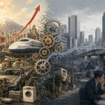 戦後日本の製造業による成長と、その後の経済停滞を、工場、製品、都市、横ばいの成長線で表したイラスト