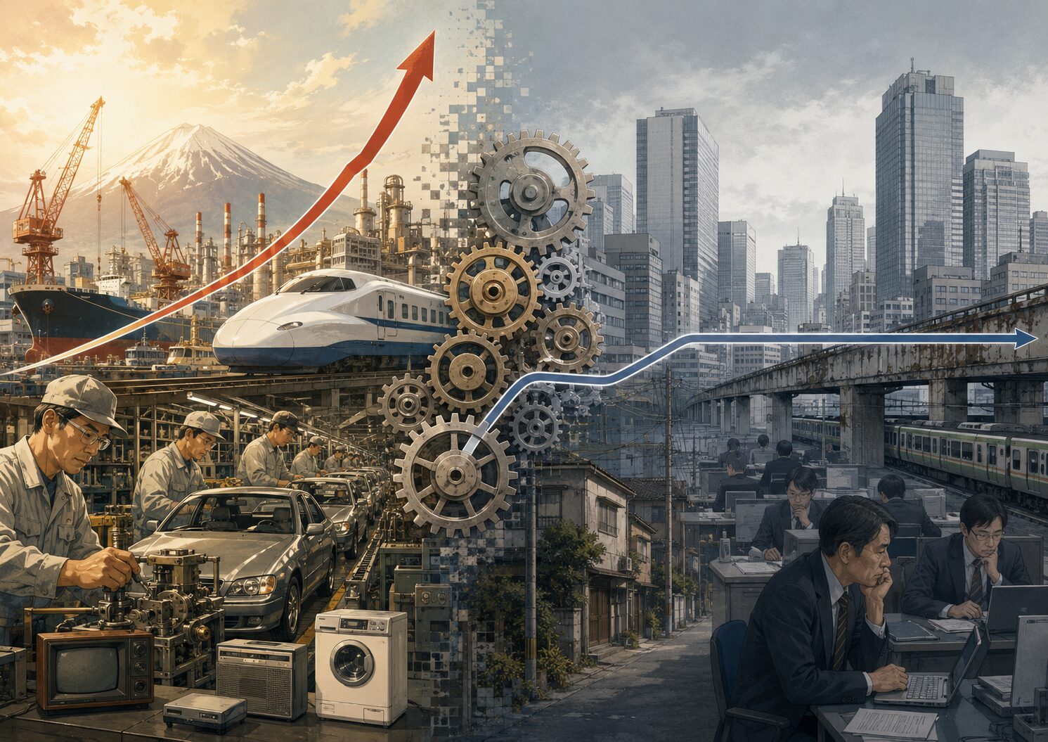 戦後日本の製造業による成長と、その後の経済停滞を、工場、製品、都市、横ばいの成長線で表したイラスト