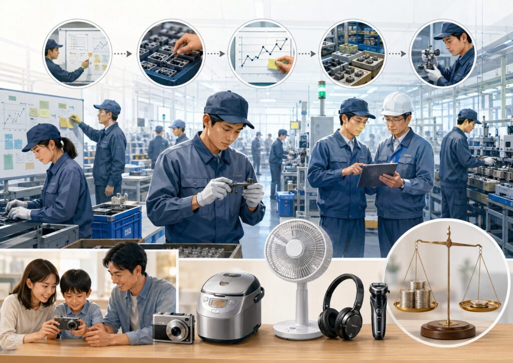 日本企業の工場で作業者が品質検査や改善活動を行い、家電製品や精密機器を製造しているイラスト