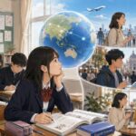 日本の教室で英語を学ぶ学生と、海外で英語を使って人々と交流する場面を対比したイラスト