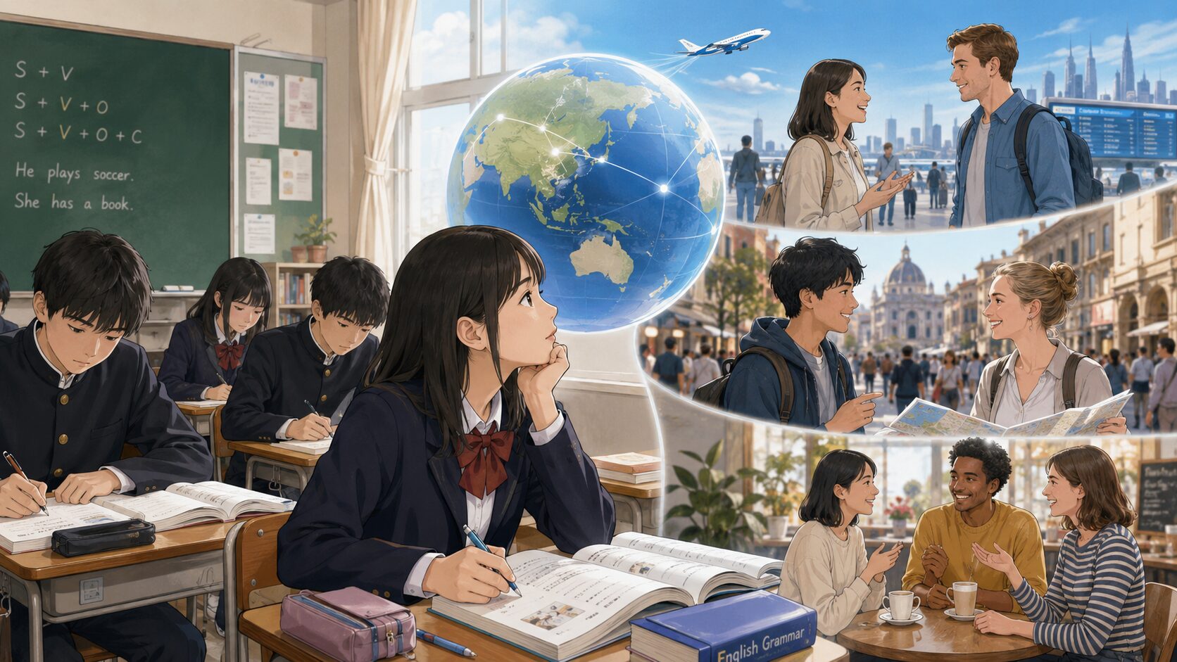 日本の教室で英語を学ぶ学生と、海外で英語を使って人々と交流する場面を対比したイラスト