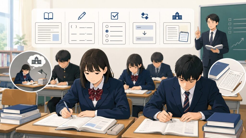 日本人の若者が海外の人々と英語で会話し、旅行やオンライン交流を通じて世界とつながる様子を描いたイラスト