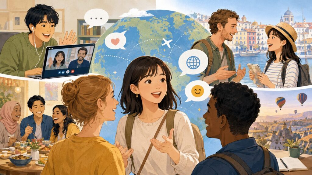 日本の教室で学生が英語の読解問題や文法問題、選択式テストに取り組む様子を描いたイラスト