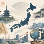 日本地図を中心に、鳥居、寺院、神話の巻物、工場、都市、新幹線、学習道具などを配置し、日本の歴史・文化・社会を表したイラスト