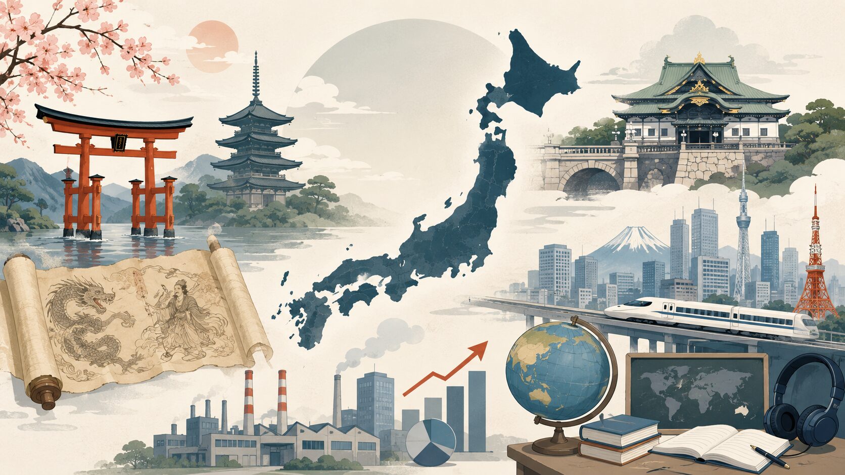 日本地図を中心に、鳥居、寺院、神話の巻物、工場、都市、新幹線、学習道具などを配置し、日本の歴史・文化・社会を表したイラスト