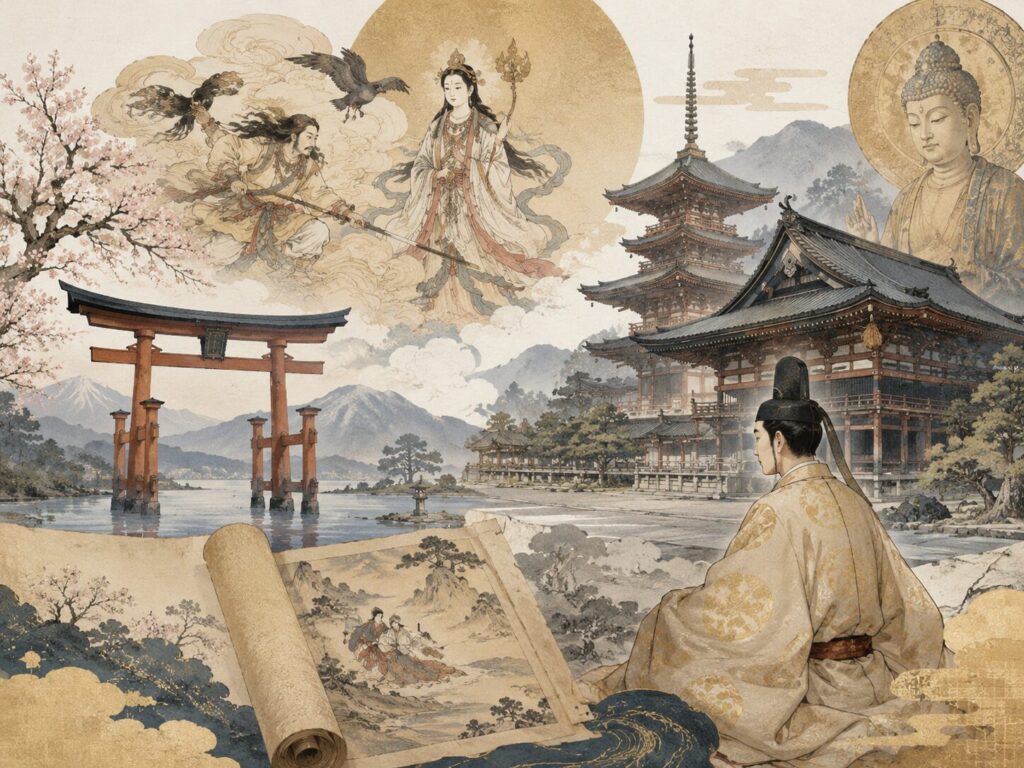 鳥居、寺院、仏像、神話の人物、古巻物、宮廷装束の人物を重ね、日本の神話・宗教・文化の重なりを表現したイラスト