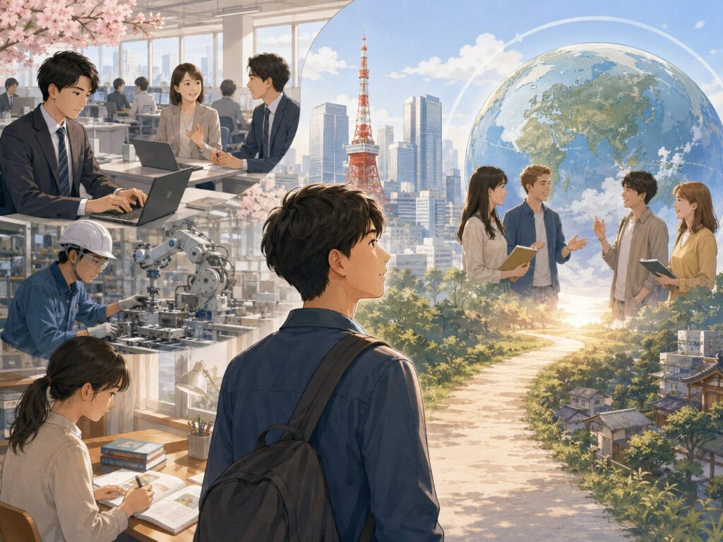 勉強する若者、働く人々、工場、東京の街並み、地球儀、海外の人々との交流を描き、日本で学び働きながら世界へつながる未来を表したイラスト