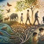細胞やDNAから植物、動物、人間の一生、老い、死、次世代への継承までを描き、生命の循環と進化を表現したイラスト