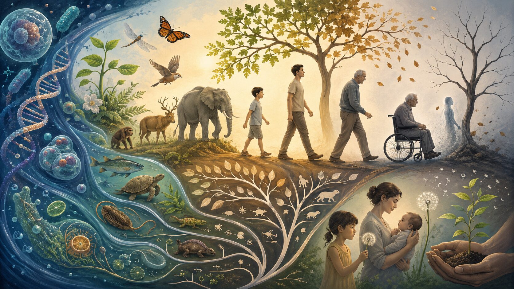 細胞やDNAから植物、動物、人間の一生、老い、死、次世代への継承までを描き、生命の循環と進化を表現したイラスト