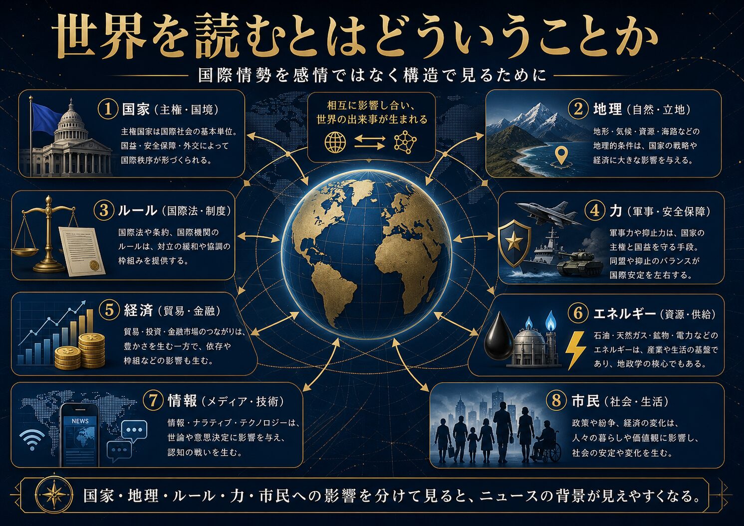 世界地図、ニュース、国家、法律、軍事、経済、情報が重なり合う国際情勢の構造を示した図解