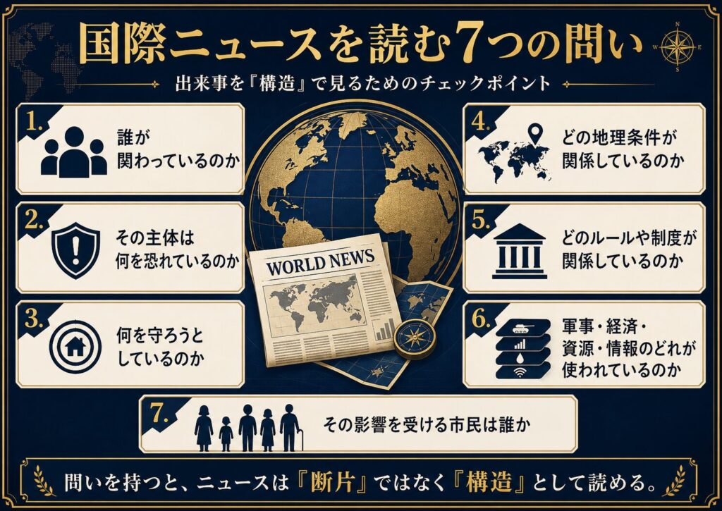 国際ニュースを読むための7つの問いを示した図解