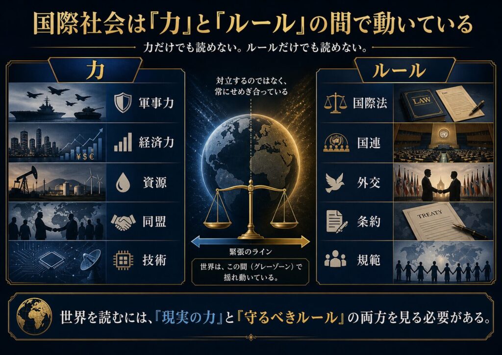 軍事力や経済力などの力と、国際法や国連などのルールがせめぎ合う国際社会の図解