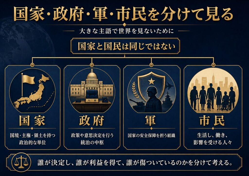 国家、政府、軍、市民を分けて考えるための概念図