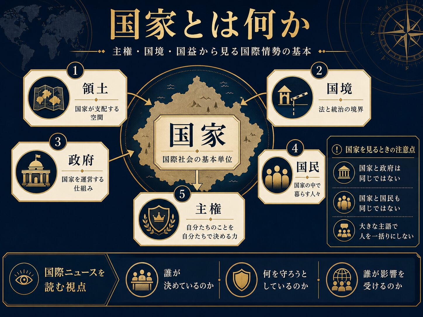 国家、領土、国境、政府、国民、主権、国益の関係を示した国際情勢の図解