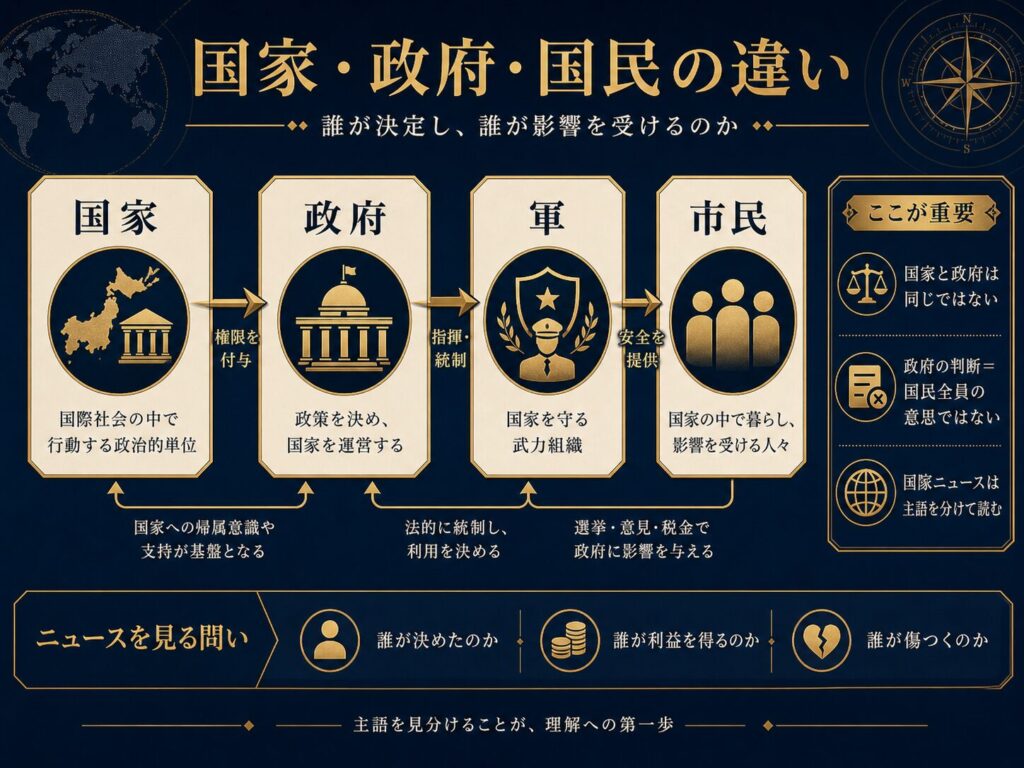 国家、政府、軍、市民を分けて考えるための概念図