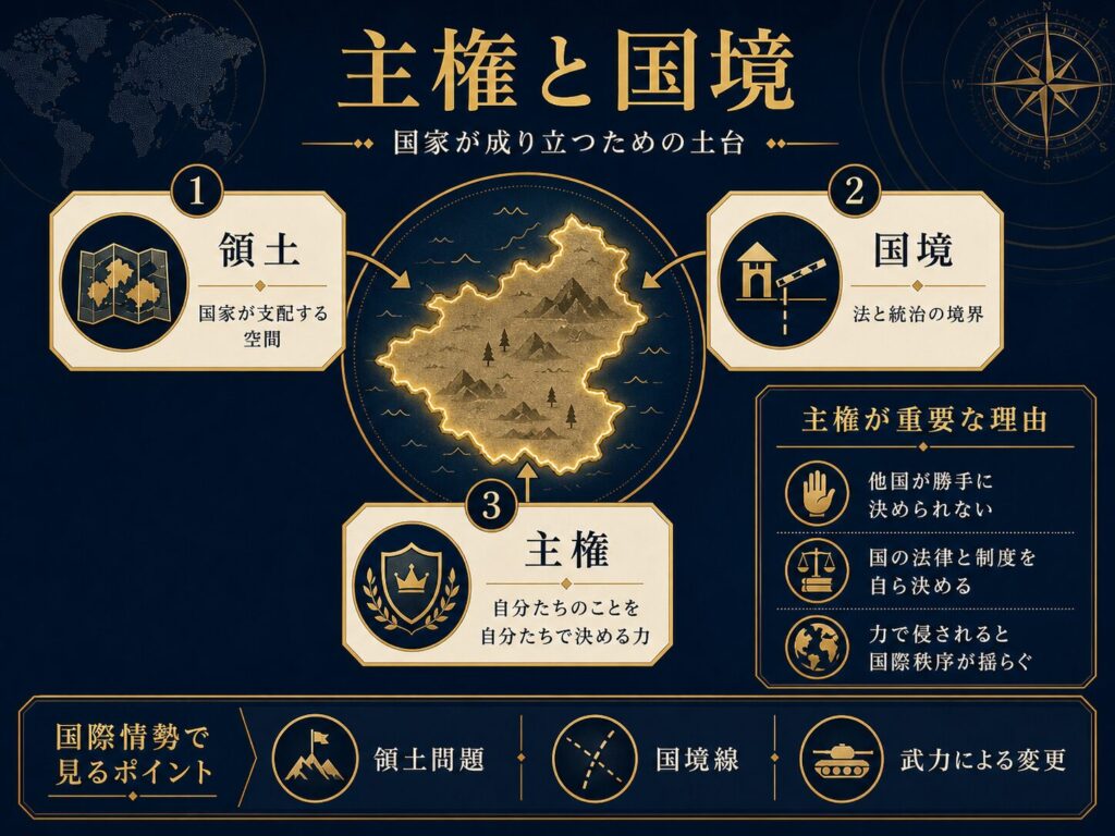 主権、領土、国境、国際法の関係を示す図解