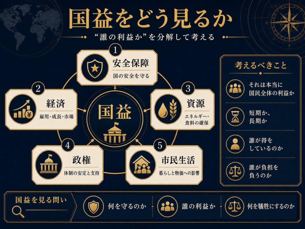 国益を安全保障、経済、資源、政権、市民生活に分解して考える図解