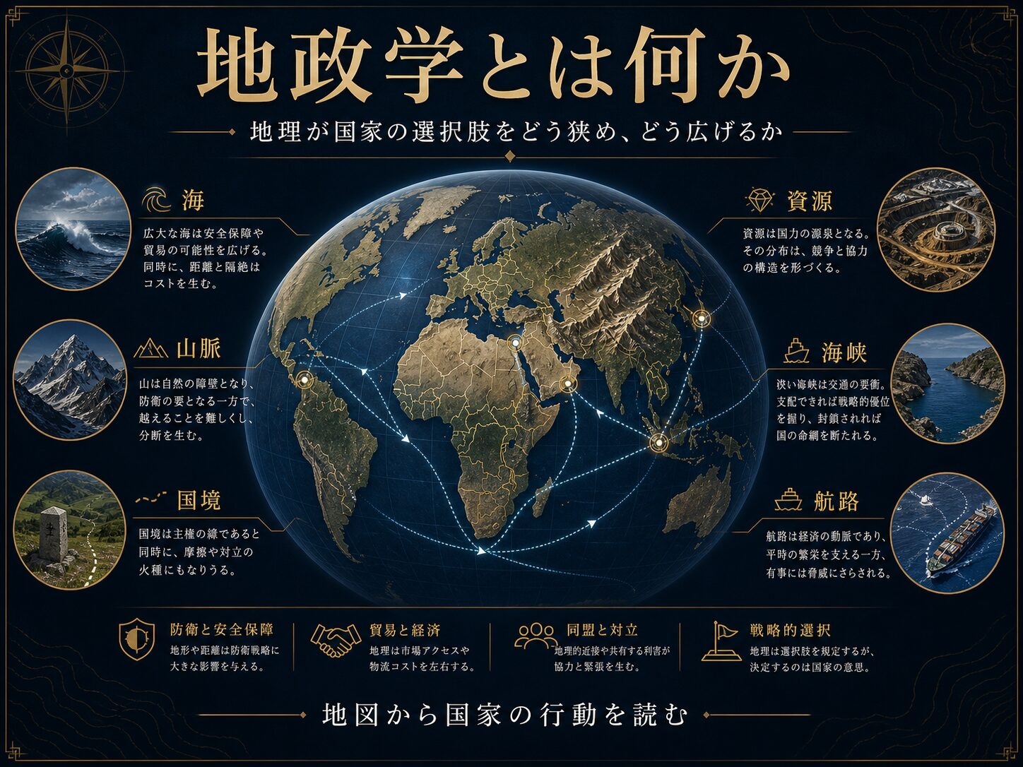 世界地図、山、海、国境、資源、海峡が国家の行動に影響する地政学の図解