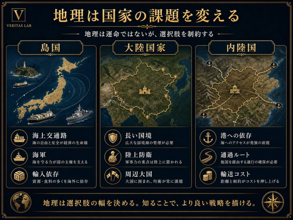 島国、大陸国家、内陸国がそれぞれ異なる地理条件を持つことを示した図解