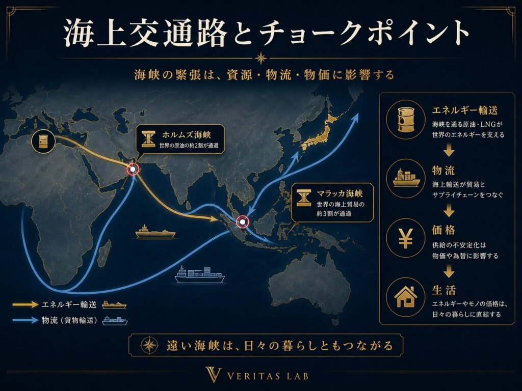 海上交通路、海峡、資源輸送が世界経済と生活に影響することを示す図解