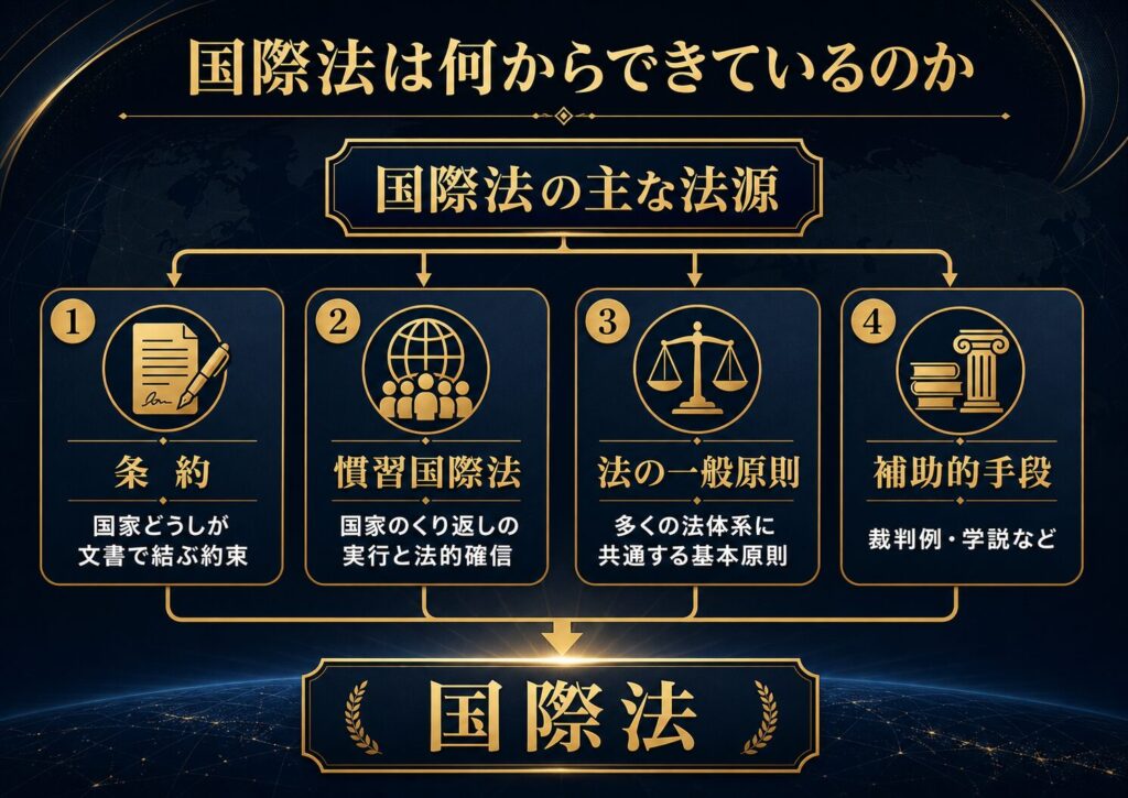 条約、慣習国際法、法の一般原則、裁判例、学説から国際法が成り立つことを示す図解