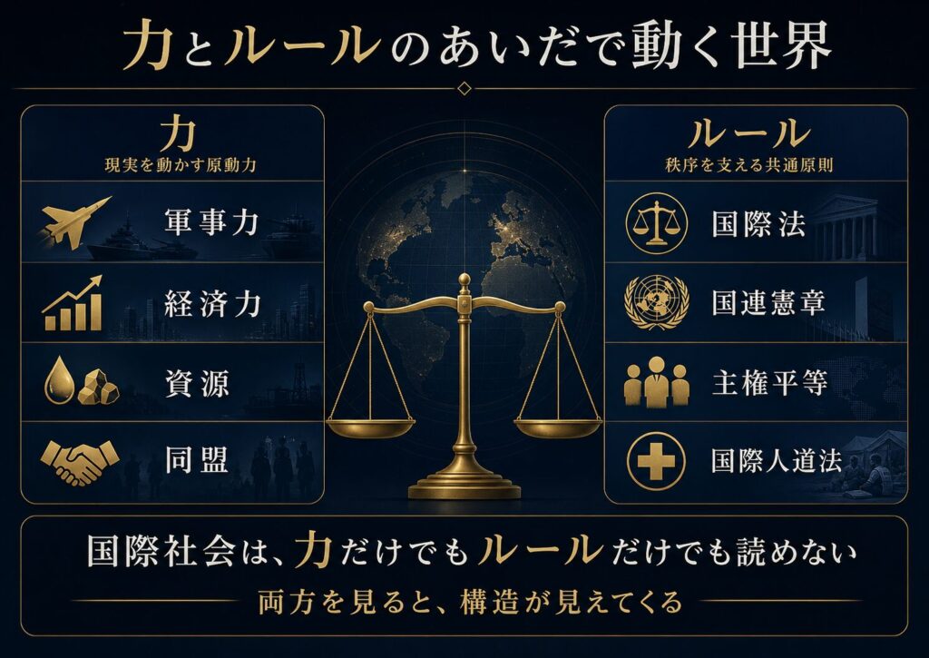 軍事力や経済力などの力と、国際法や国連憲章などのルールがせめぎ合う国際秩序の図解