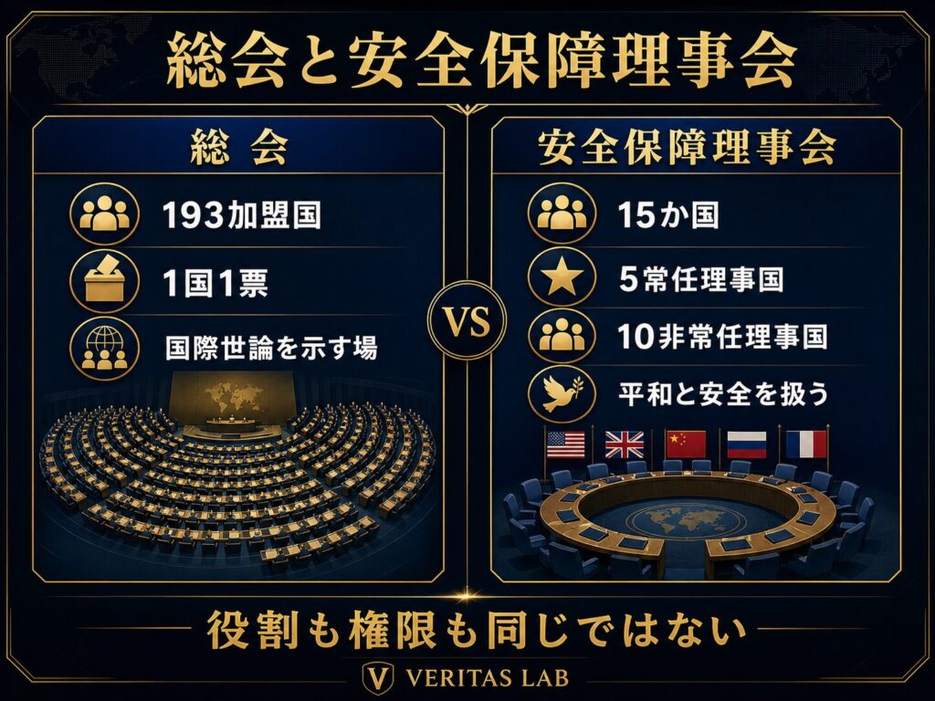 国連総会と安全保障理事会の違いを示す図解