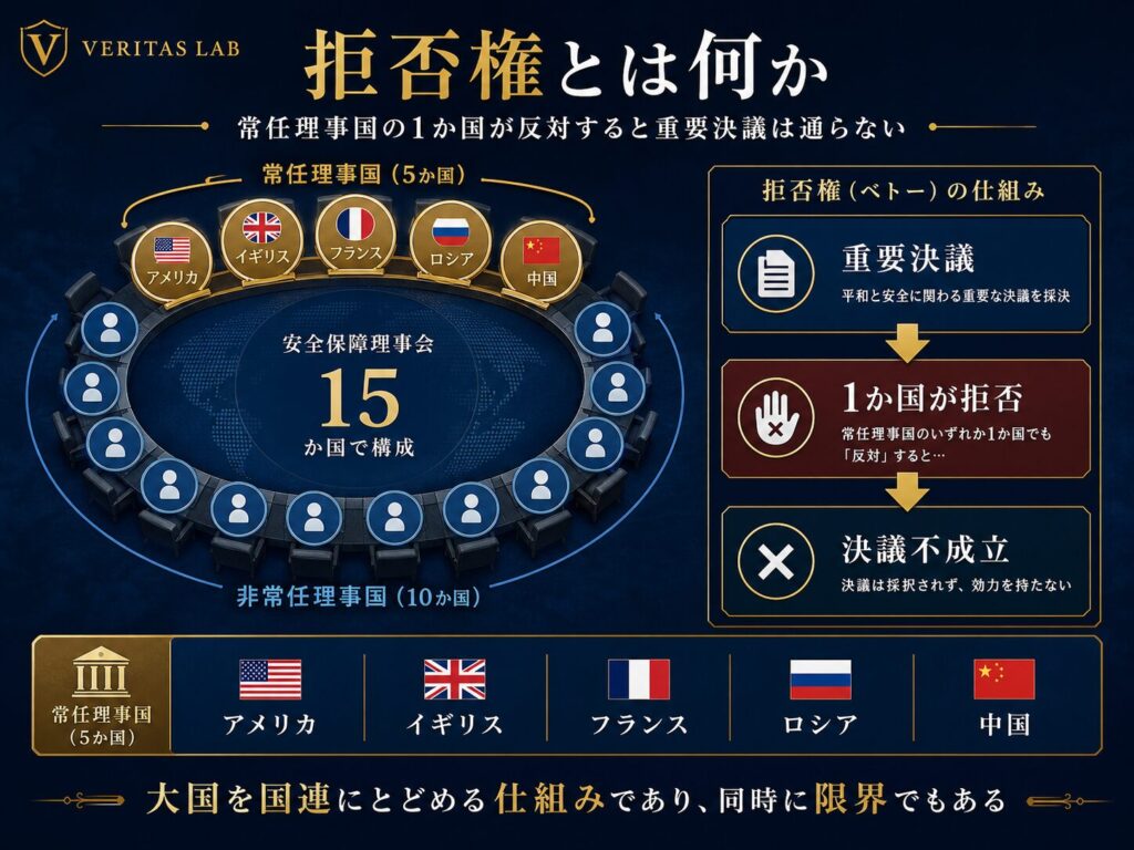 安全保障理事会の常任理事国と拒否権の仕組みを示す図解