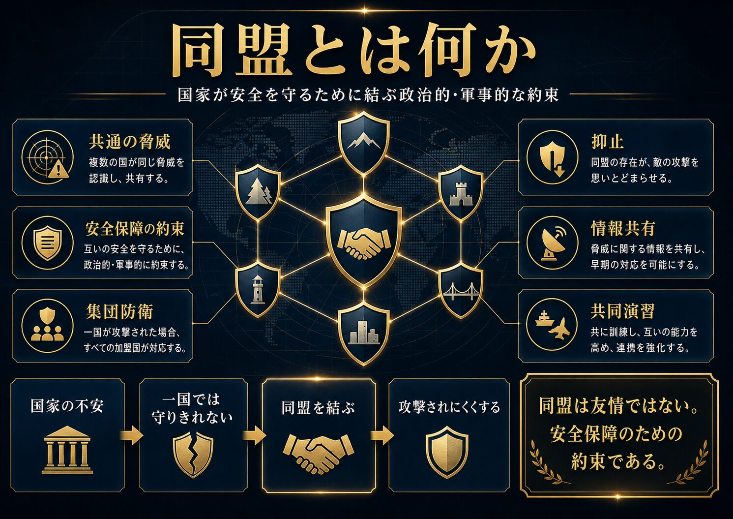 複数の国家が同盟を結び、集団防衛と抑止によって安全保障を支える仕組みを示す図解