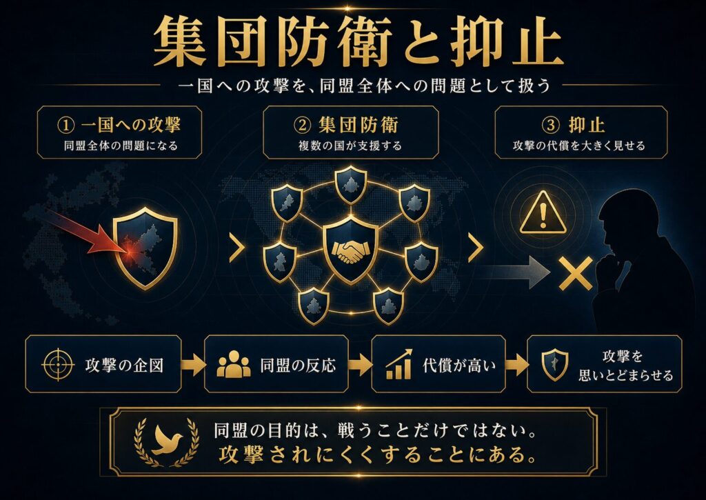 一国への攻撃が同盟全体への攻撃とみなされ、抑止力として働く集団防衛の図解