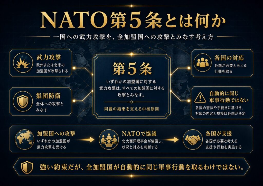 NATO第5条の考え方と、各国が必要と考える行動を取る仕組みを示した図解