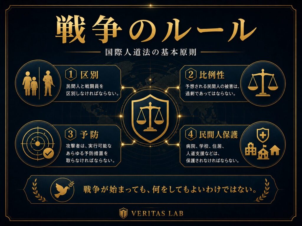国際人道法における区別、比例性、予防、民間人保護の原則を示す図解