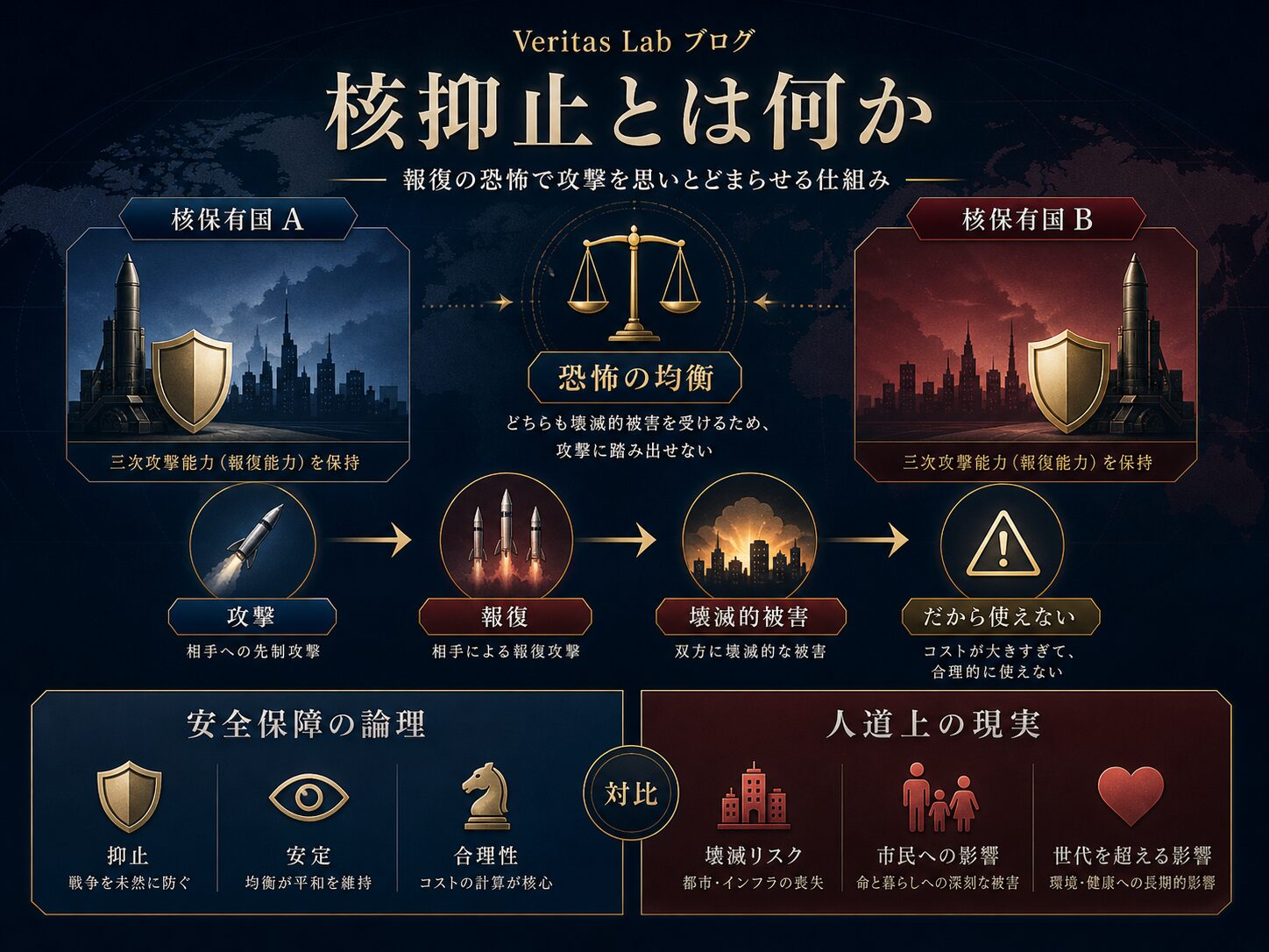 核抑止の仕組みを、報復の恐怖、相互確証破壊、安全保障、人道リスクの関係から示した図解