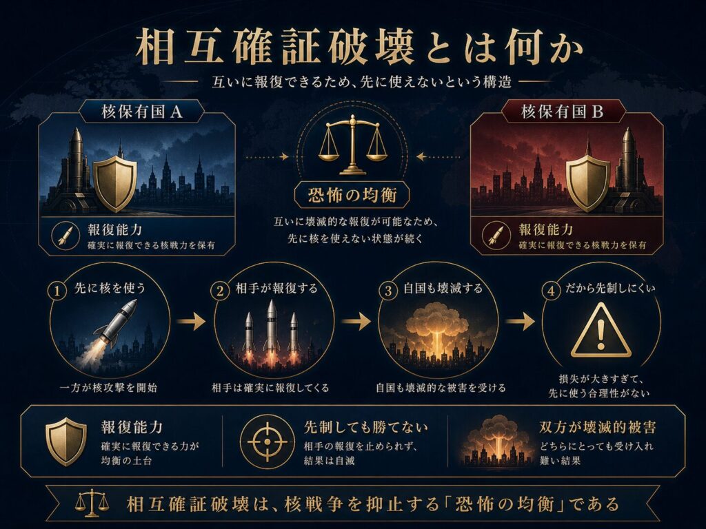 相互確証破壊により、先に核攻撃をしても自国も壊滅的な報復を受ける構造を示す図解