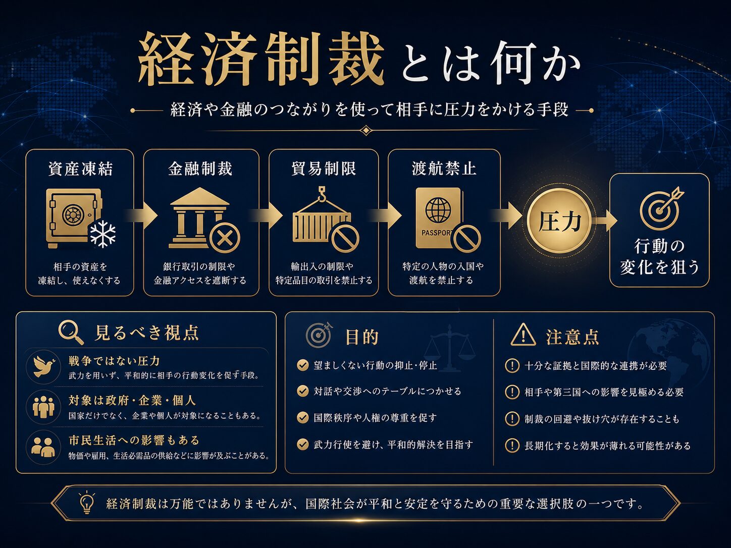 経済制裁の仕組みを、資産凍結、金融制裁、貿易制限、渡航禁止、市民生活への影響から示す図解