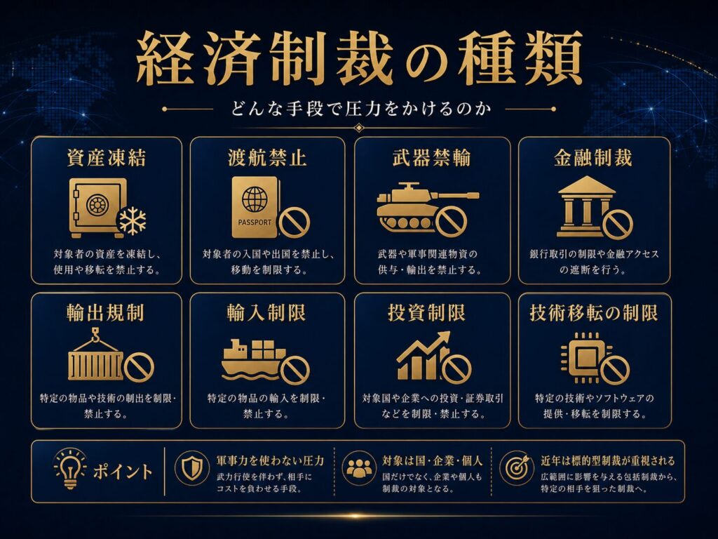 資産凍結、渡航禁止、武器禁輸、金融制裁、輸出入制限など経済制裁の種類を示す図解