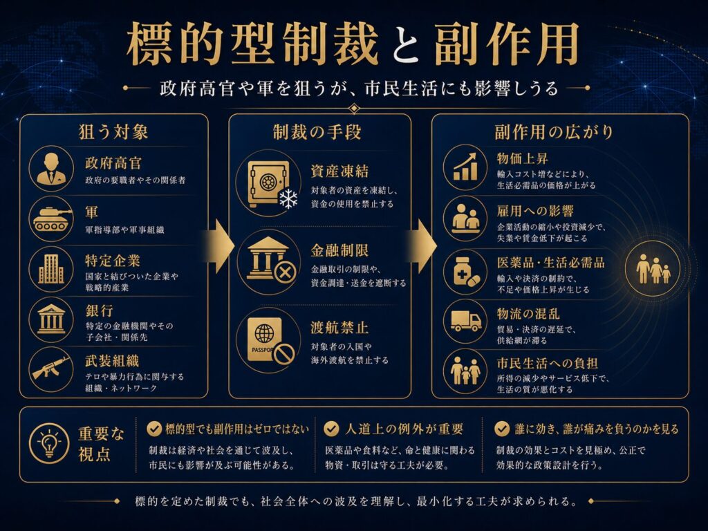 標的型制裁が政府高官や軍、企業を狙う一方で、市民生活にも副作用が出る可能性を示す図解