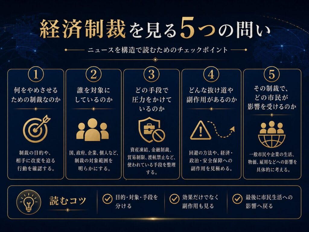 経済制裁に関するニュースを読むための5つの問いを示すチェックリスト