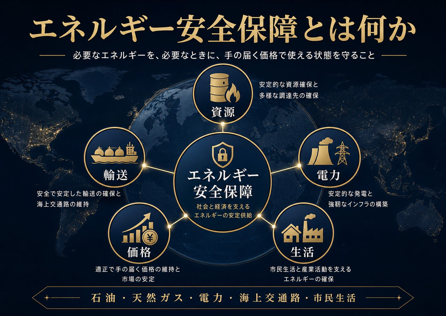 エネルギー安全保障の仕組みを、石油、天然ガス、電力、海上交通路、価格、市民生活から示す図解