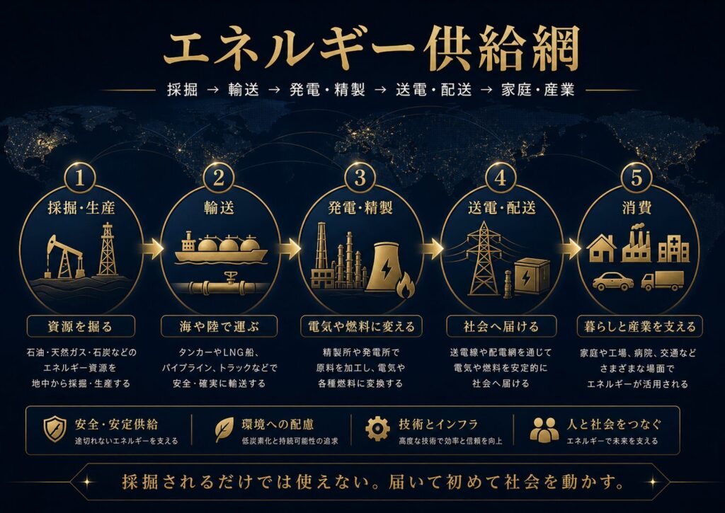 資源の採掘、輸送、発電、送電、消費までのエネルギー供給網を示す図解