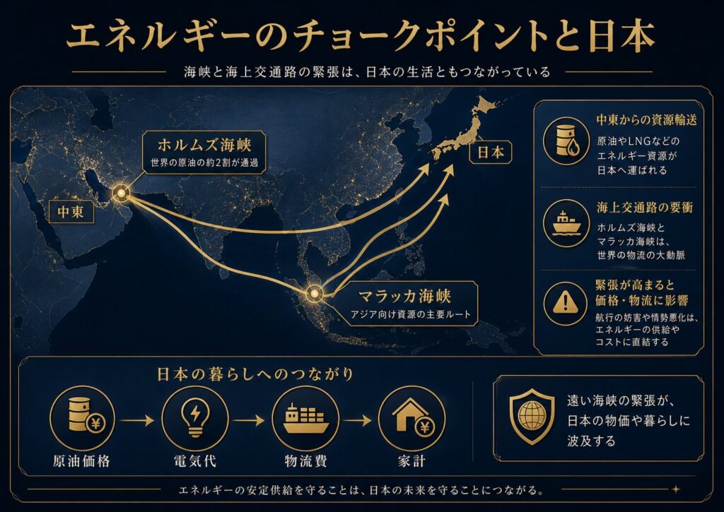 ホルムズ海峡などのチョークポイントと日本のエネルギー輸入の関係を示す図解