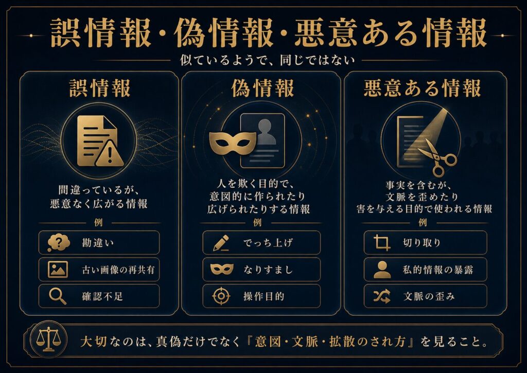 誤情報、偽情報、悪意ある情報の違いを示す図解