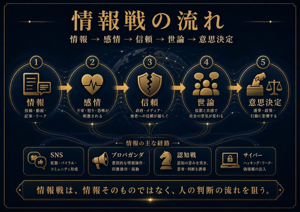 情報が感情、信頼、世論、意思決定に影響していく流れを示す図解