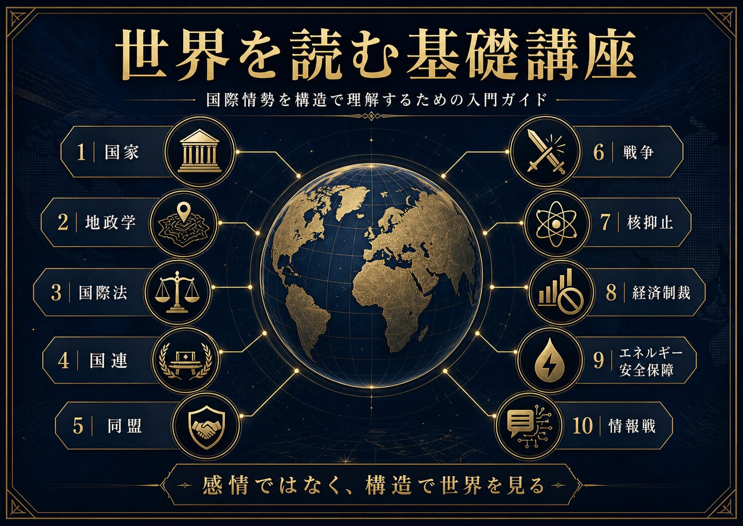 国家、地政学、国際法、国連、同盟、戦争、核抑止、経済制裁、エネルギー安全保障、情報戦をつなぐ世界を読む基礎講座の図解