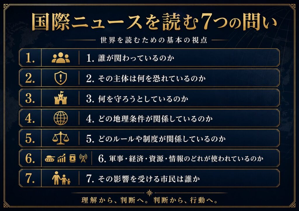 国際ニュースを読むための7つの問いを示したチェックリスト